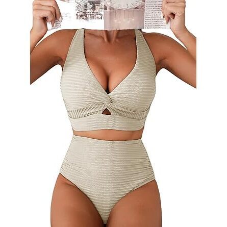 Women's Tummy Control Bikini Sets Textured Knot Twist Top 2 Pieces Swim Suit
